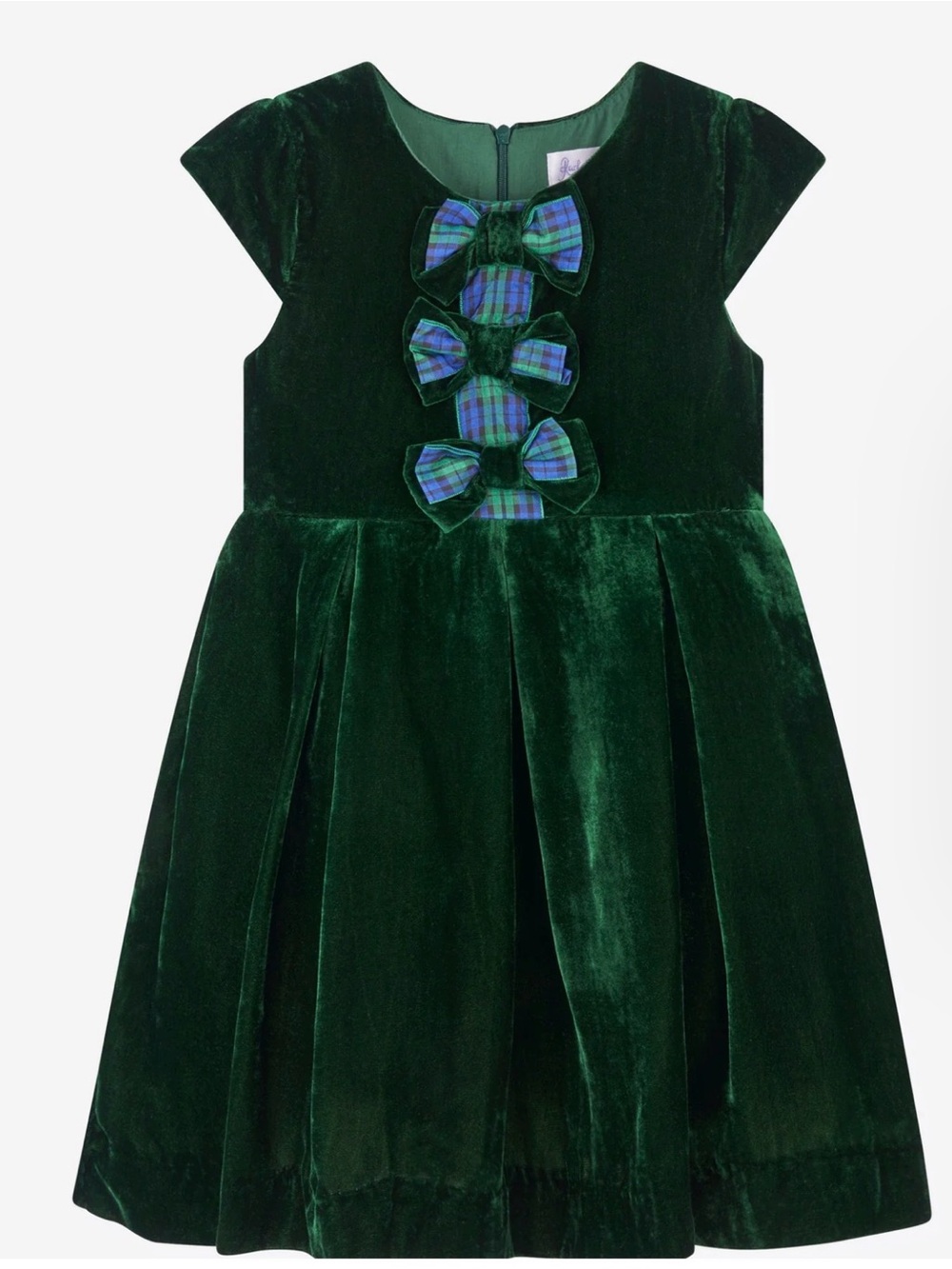 NWT Rachel Riley Girls Tartan Bow Velvet Dress in Green Size 7Y
